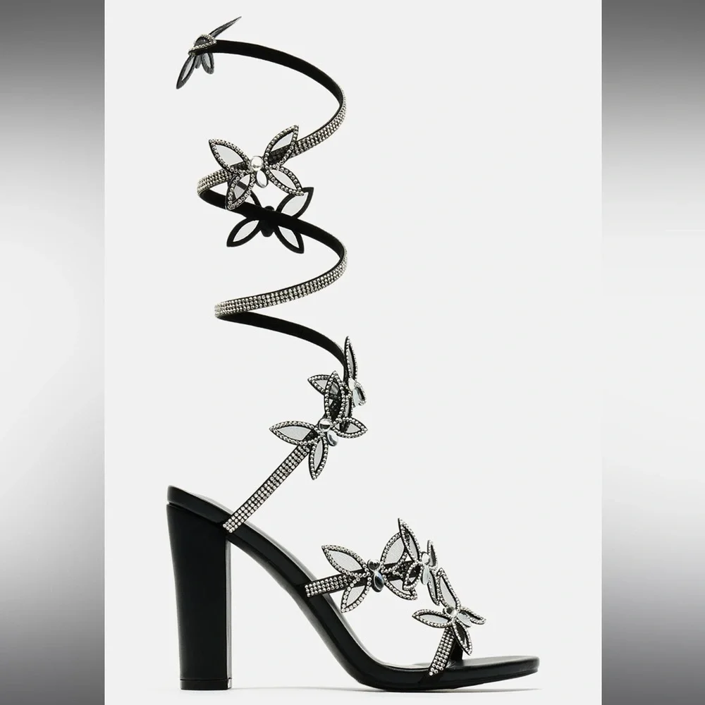 FASHIONNOVA Black/Silver Never Bend In Butterfly Wrap Around Heeled Sandals - Picture 6 of 7